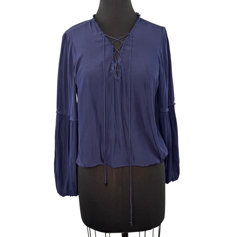 Ramy Brooks Navy Blue Blouse V-Neck Tie Front Fringe Balloon Sleeve Sz M Medium